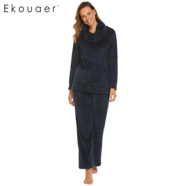 Ekouaer Women Winter Nightwear Pajamas Set Cowl Collar Long Sleeve Soft Fleece Nighties Pajamas Female Sleepwear Home Clothing