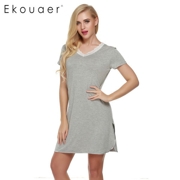 Ekouaer Women Summer Nightdress V-Neck Sleepwear Lounge Lace Sexy Night Dress Nightgown Soft Nightie Female Home Clothing