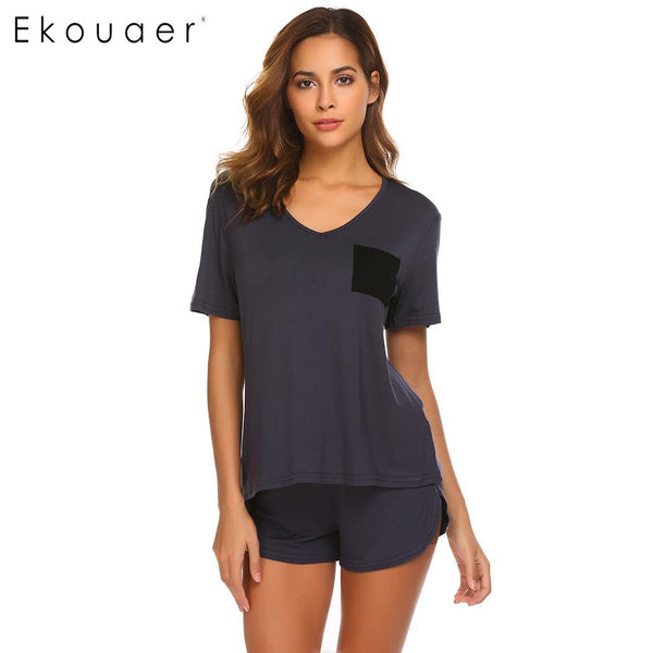 Ekouaer Women Sleepwear Cotton Pajama Sets Spandex Short Sleeve Pajamas Shirt Short Set Summer Female Nighties Nightwear Suits