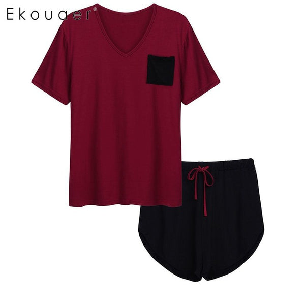 Ekouaer Women Sleepwear Cotton Pajama Sets Spandex Short Sleeve Pajamas Shirt Short Set Summer Female Nighties Nightwear Suits