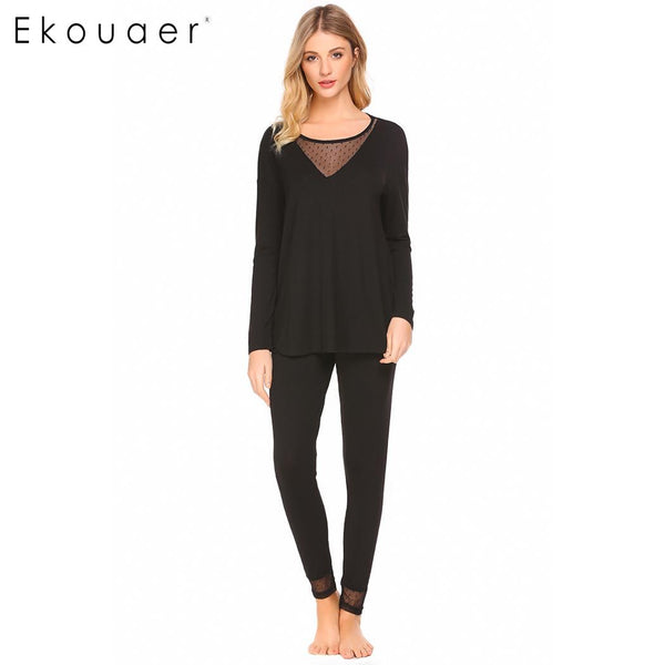 Ekouaer Women Pajamas Set Sleepwear O-Neck Long Sleeve Mesh Patchwork Blouse Lightweight Loose Pajama Sets Female Nighties Suit