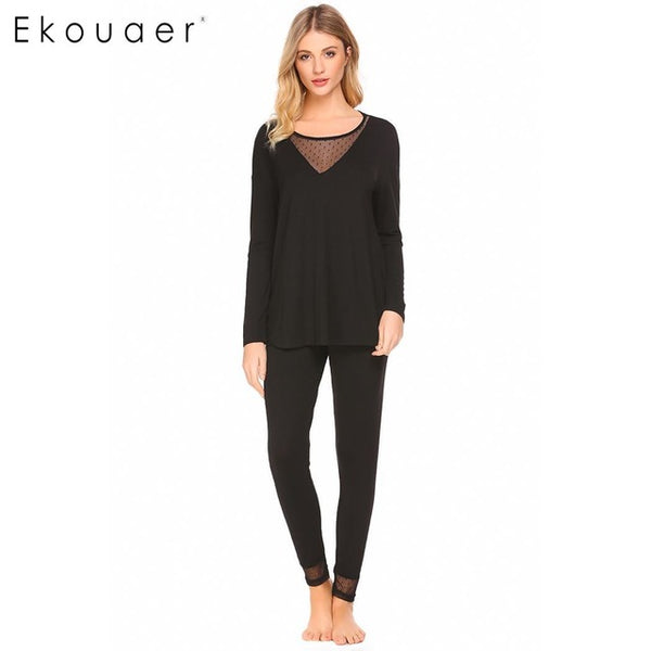 Ekouaer Women Pajamas Set Sleepwear O-Neck Long Sleeve Mesh Patchwork Blouse Lightweight Loose Pajama Sets Female Nighties Suit