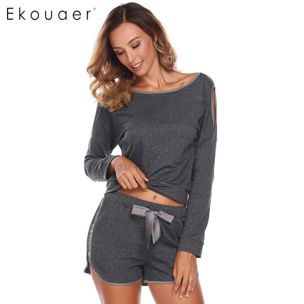 Ekouaer Women V-Neck Cotton Pajamas Set Long Sleeve Cold Shoulder Elastic Waist Shorts Casual Sleepwear Nighties Female Homewear