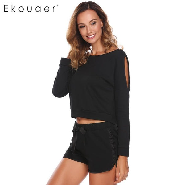Ekouaer Women V-Neck Cotton Pajamas Set Long Sleeve Cold Shoulder Elastic Waist Shorts Casual Sleepwear Nighties Female Homewear