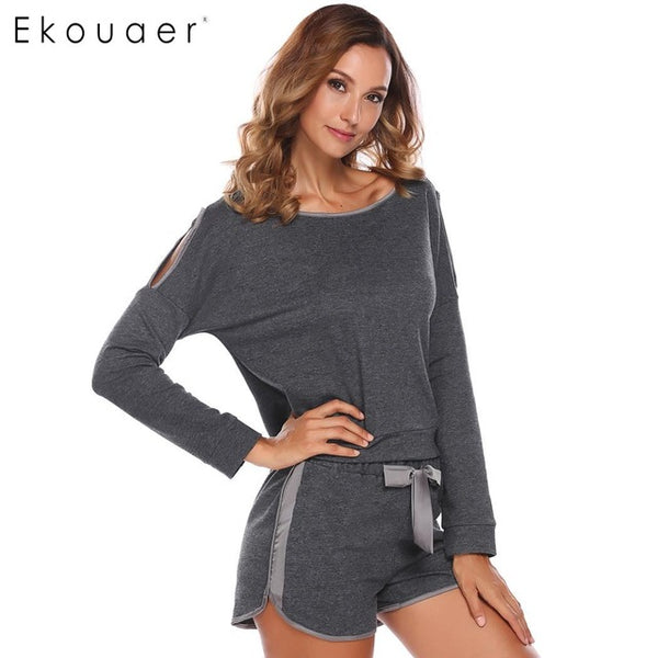 Ekouaer Women V-Neck Cotton Pajamas Set Long Sleeve Cold Shoulder Elastic Waist Shorts Casual Sleepwear Nighties Female Homewear