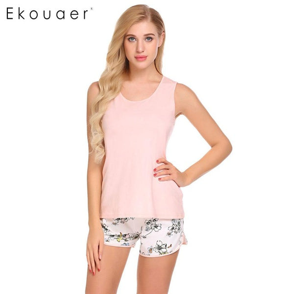 Ekouaer Women Casual Tank Pajamas Set Top and Shorts Lounge Sleepwear Nighties Summer Fashion Female Nightwear Home Clothing