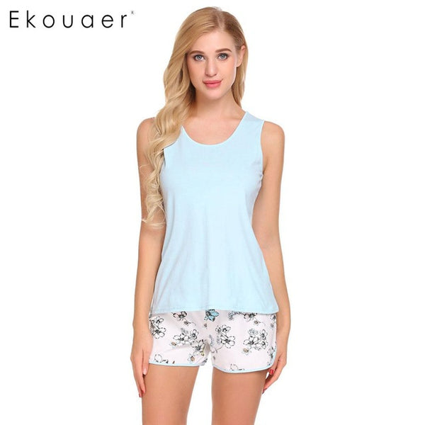 Ekouaer Women Casual Tank Pajamas Set Top and Shorts Lounge Sleepwear Nighties Summer Fashion Female Nightwear Home Clothing
