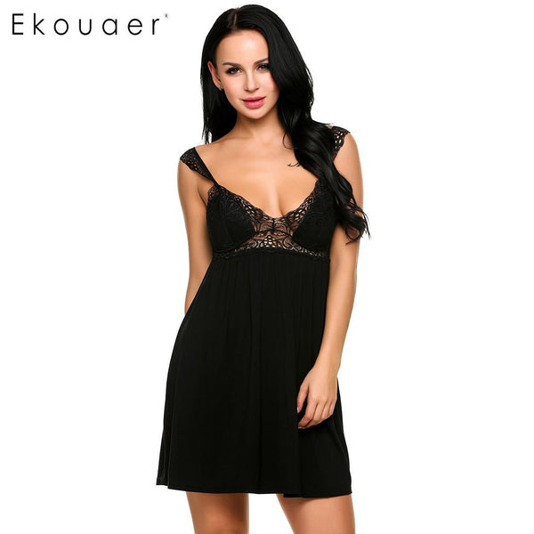 Ekouaer Women Sexy Nighties Sleepwear Dress Lace Patchwork Padded Bra Spaghetti Strap Nightgowns Home Sleepshirt Night Dress