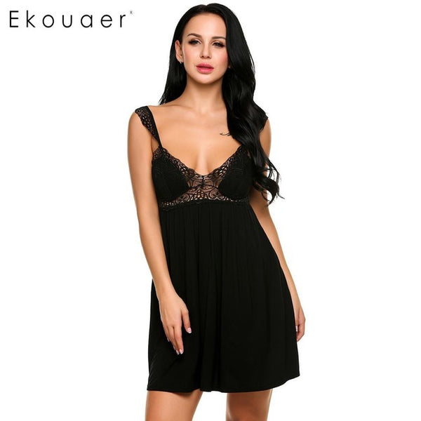 Ekouaer Women Sexy Nighties Sleepwear Dress Lace Patchwork Padded Bra Spaghetti Strap Nightgowns Home Sleepshirt Night Dress