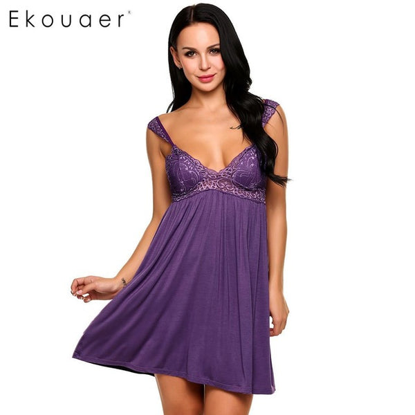 Ekouaer Women Sexy Nighties Sleepwear Dress Lace Patchwork Padded Bra Spaghetti Strap Nightgowns Home Sleepshirt Night Dress