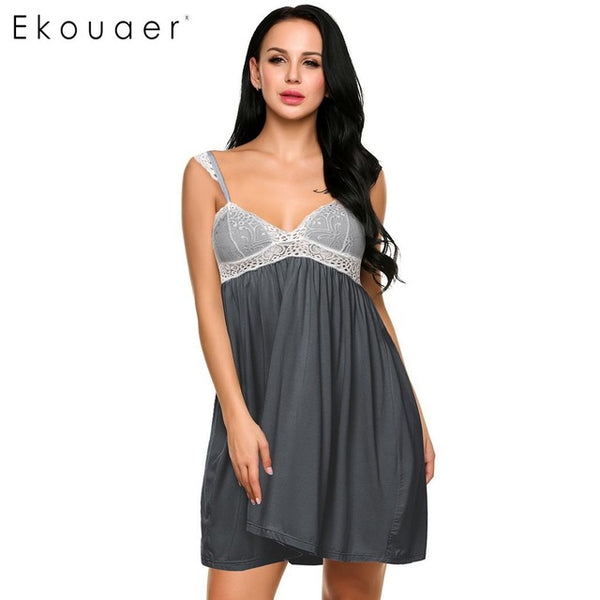 Ekouaer Women Sexy Nighties Sleepwear Dress Lace Patchwork Padded Bra Spaghetti Strap Nightgowns Home Sleepshirt Night Dress