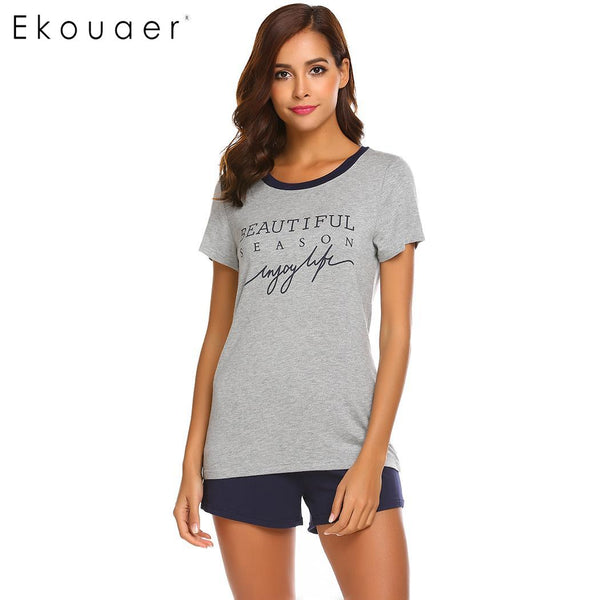 Ekouaer Pajamas Set Women Summer Sleepwear O-Neck Short Sleeve Print Soft T-Shirt Shorts Casual Pajama Sets Nighties Clothes