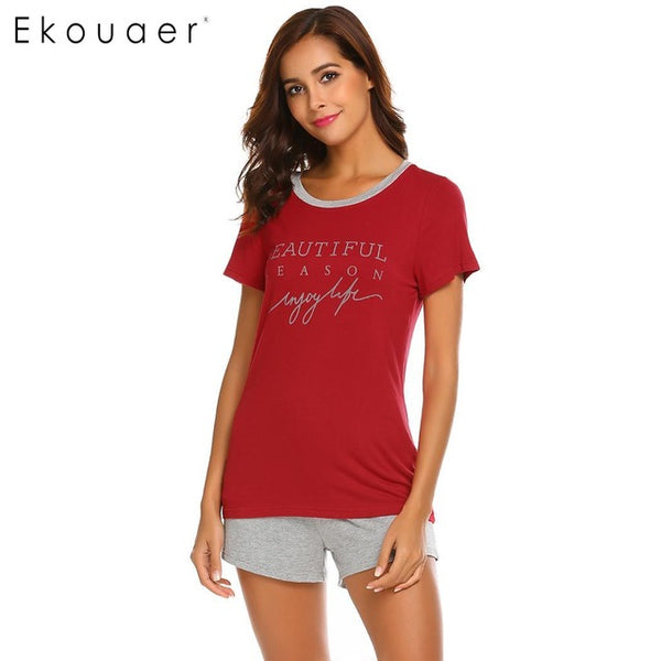 Ekouaer Pajamas Set Women Summer Sleepwear O-Neck Short Sleeve Print Soft T-Shirt Shorts Casual Pajama Sets Nighties Clothes