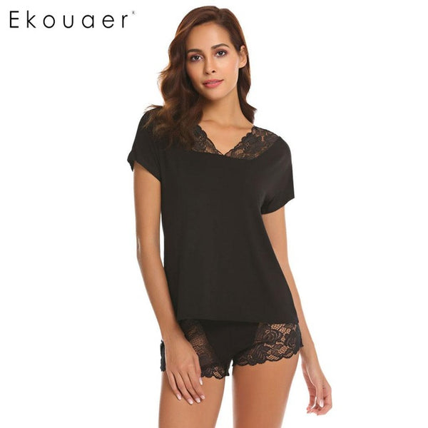 Ekouaer Women Summer Nightwear Pajamas Set Solid Lace Patchwork V Neck Short Sleeve Nighties Pajamas Female Sleepwear Set