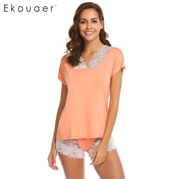 Ekouaer Women Summer Nightwear Pajamas Set Solid Lace Patchwork V Neck Short Sleeve Nighties Pajamas Female Sleepwear Set