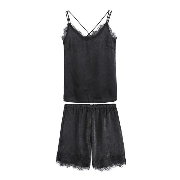 2 Piece Set Sexy Silk Nighties Women Lace Cami Top with Shorts Two Piece Set 2018 Casual Sleeveless Lace Sleepwear Nightwear