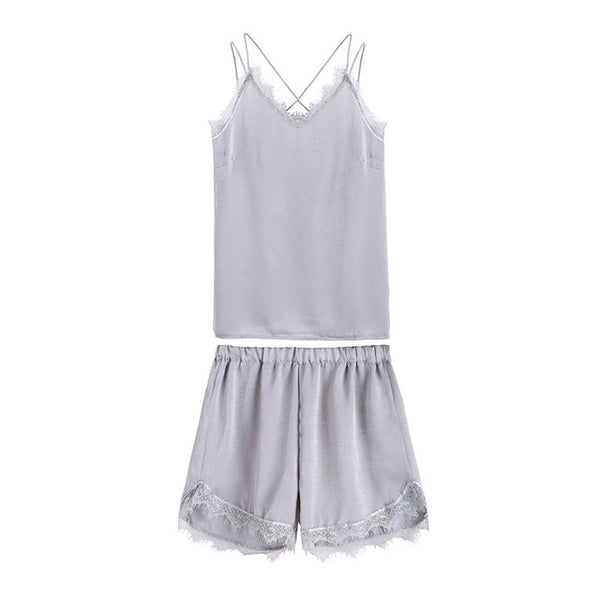 2 Piece Set Sexy Silk Nighties Women Lace Cami Top with Shorts Two Piece Set 2018 Casual Sleeveless Lace Sleepwear Nightwear