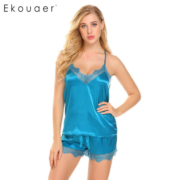 Ekouaer Women Pajamas Set Sleepwear Sexy Lace Spaghetti Strap Sleeveless Camisole Elastic Waist Shorts Pajama Sets Nighty Suit