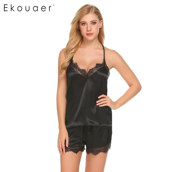 Ekouaer Women Pajamas Set Sleepwear Sexy Lace Spaghetti Strap Sleeveless Camisole Elastic Waist Shorts Pajama Sets Nighty Suit
