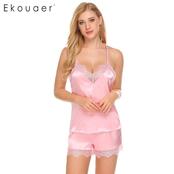 Ekouaer Women Pajamas Set Sleepwear Sexy Lace Spaghetti Strap Sleeveless Camisole Elastic Waist Shorts Pajama Sets Nighty Suit